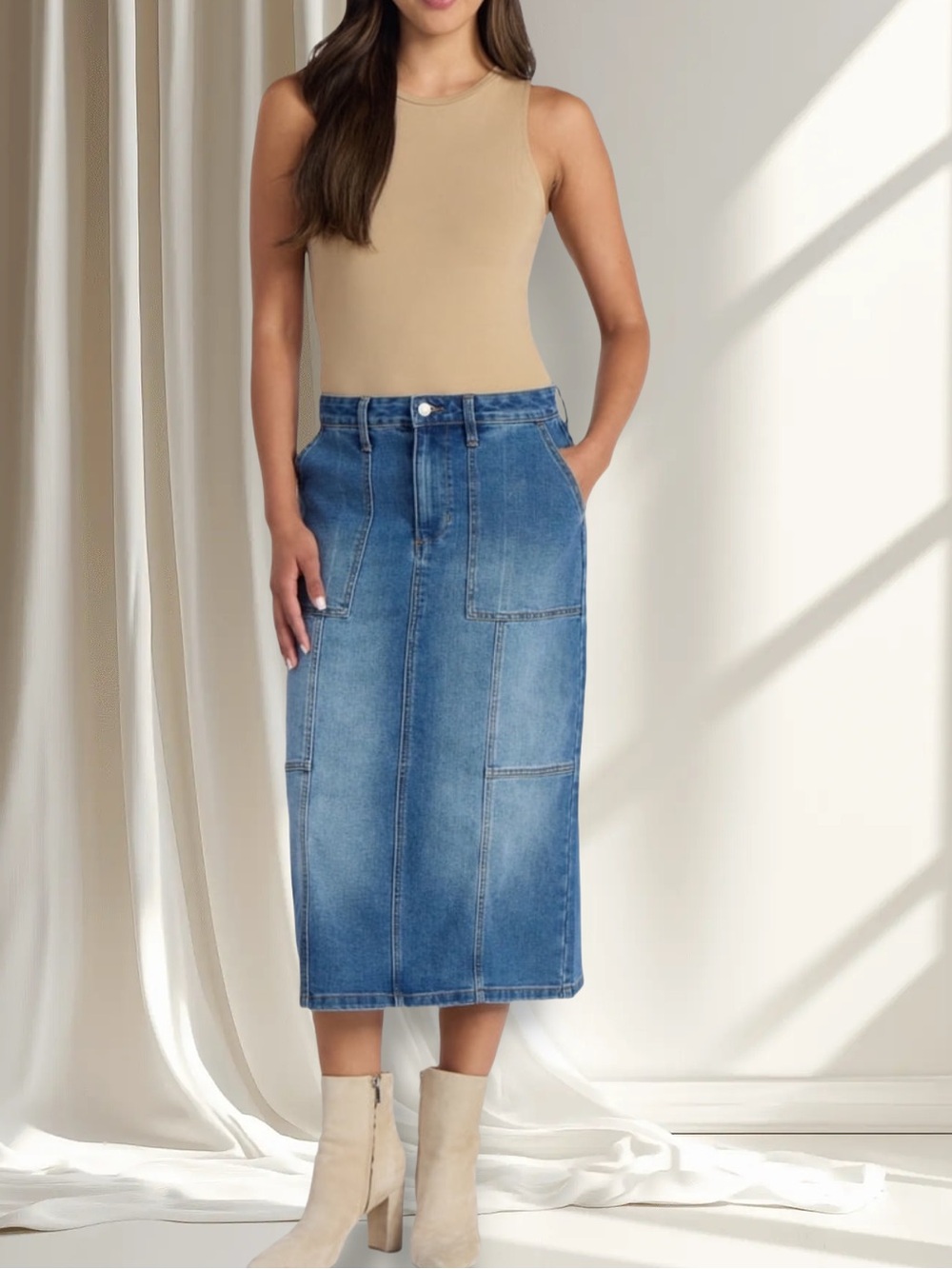 NWT Time and Tru Classic Blue Denim Midi Skirt 6